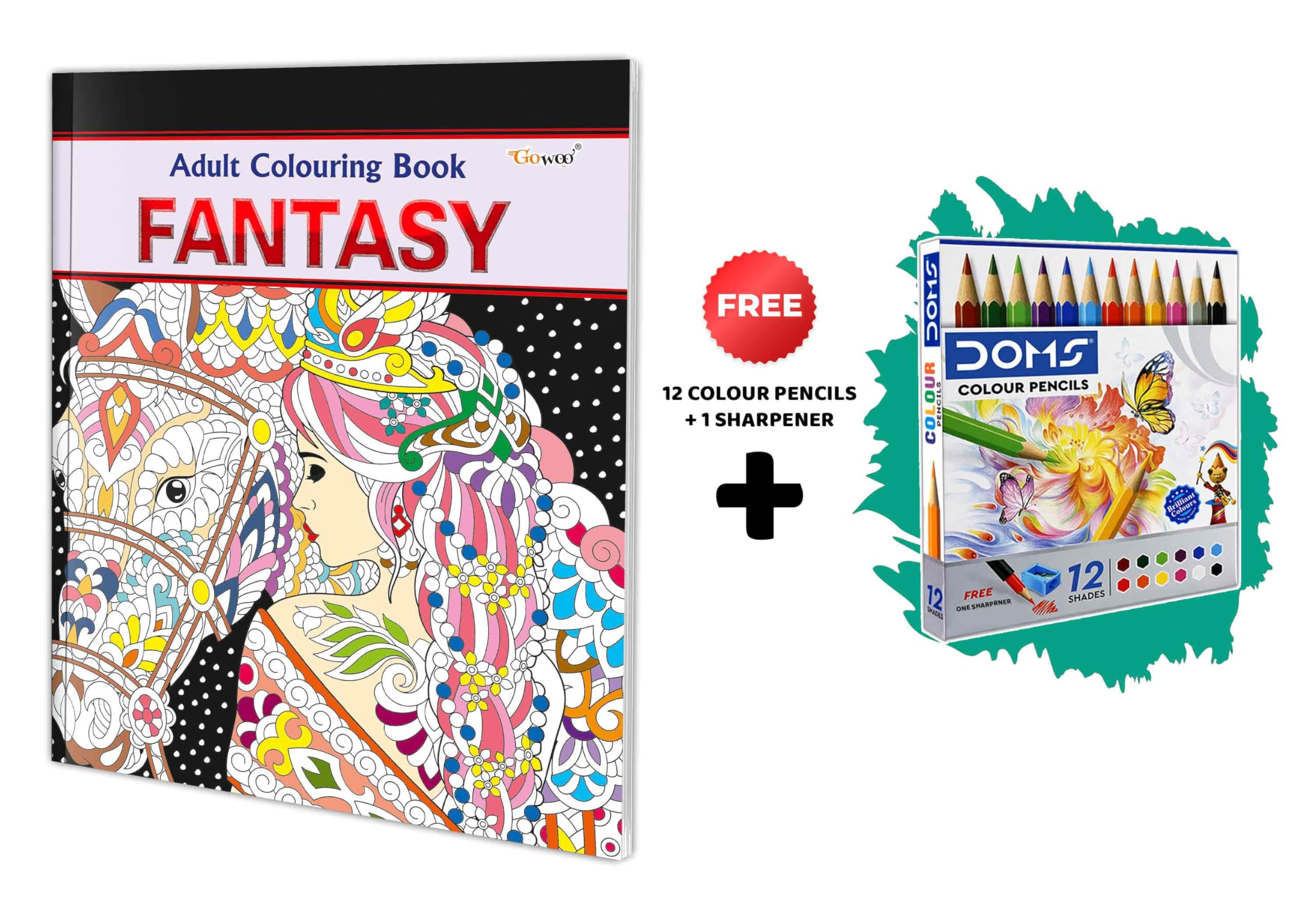 Fantasy - Adult Colouring Book With 12 Colour Pencils + 1 Sharpner : Relaxing Art Coloring Book, Creative Coloring Fun, Mindful Coloring Art For Adults, Adult Art Coloring Kit