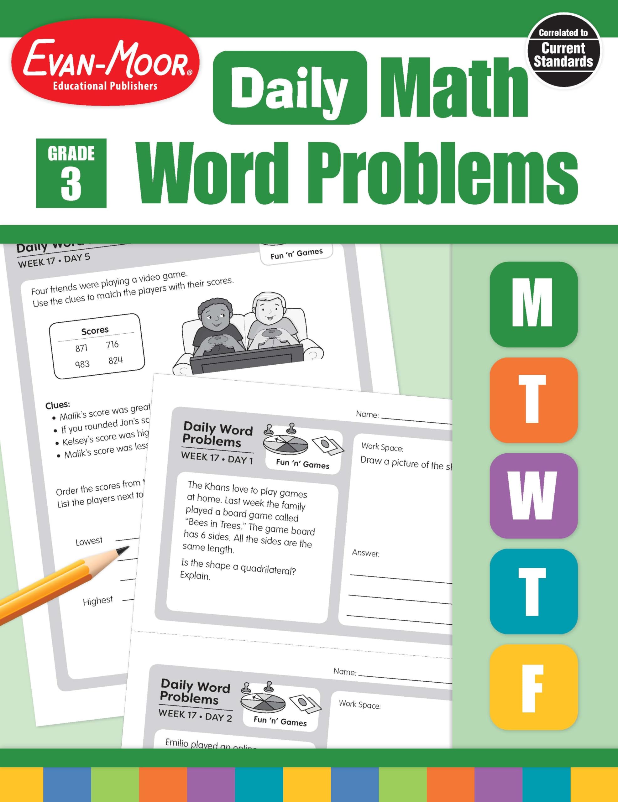 EvanMoor Daily Word Problems, Grade 3, Homeschooling & Classroom Resource Workbook, ProblemSolving Real Life Math Skills, Repr,Used