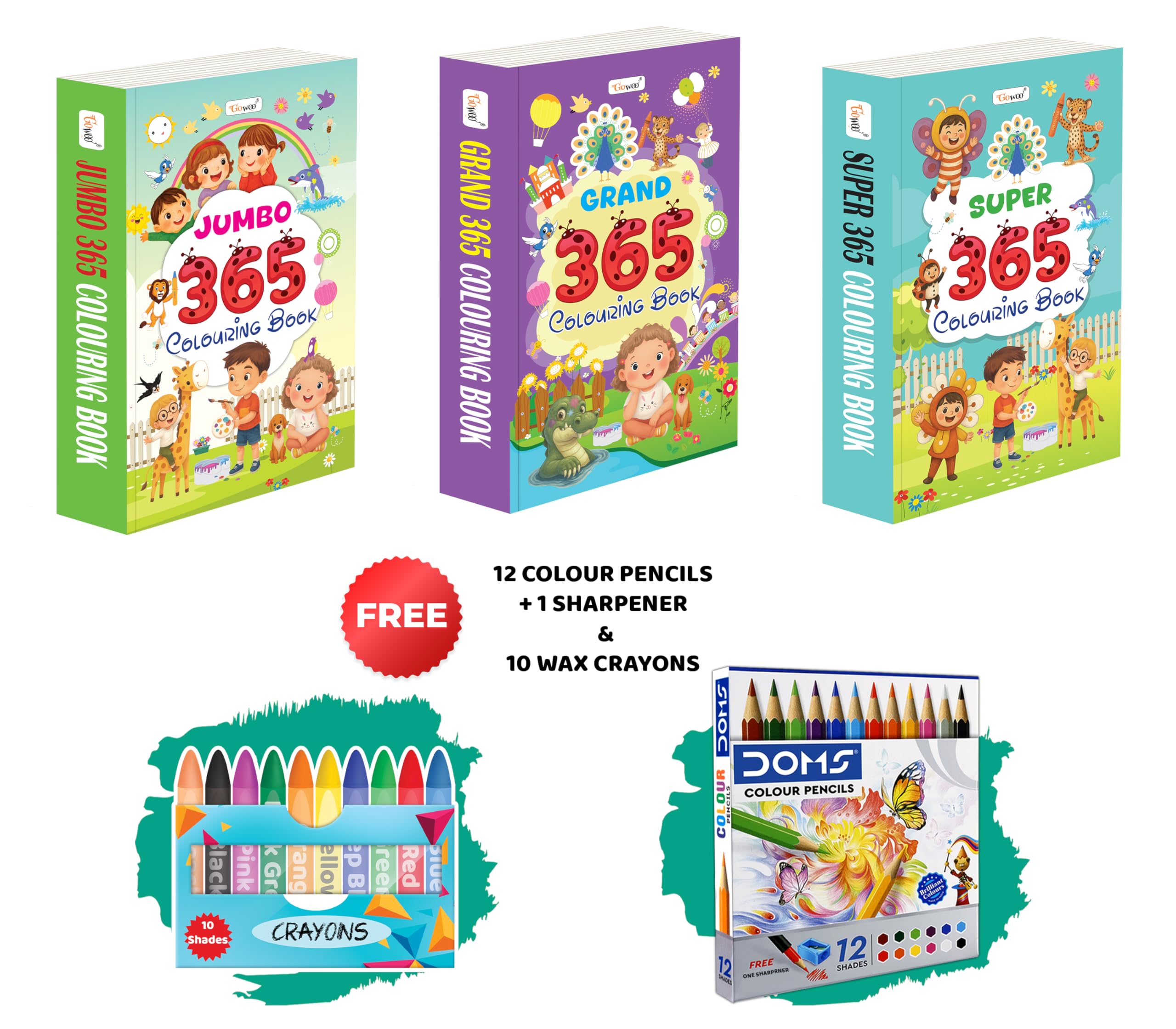 Grand, Jumbo & Super - 365 Colouring Books With 12 Colour Pencils + 1 Sharpener And 10 Wax Crayons :- Early Learners Colouring Combo, Beginner Art And Craft Book Set | Combo Of 3 Colouring Books