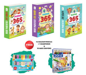Grand, Jumbo & Super - 365 Colouring Books With 12 Colour Pencils + 1 Sharpener And 10 Wax Crayons :- Early Learners Colouring Combo, Beginner Art And Craft Book Set | Combo Of 3 Colouring Books