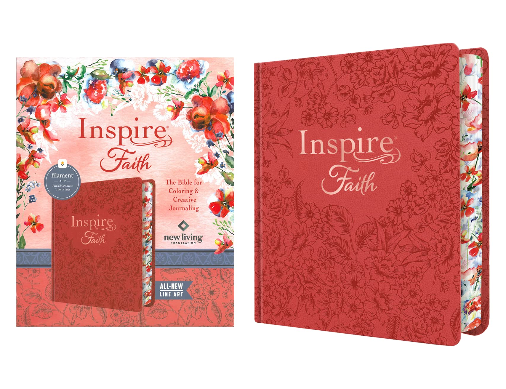 Inspire FAITH Bible NLT, Filament Enabled (Hardcover LeatherLike, Coral Blooms): The Bible for Coloring & Creative Journaling,New