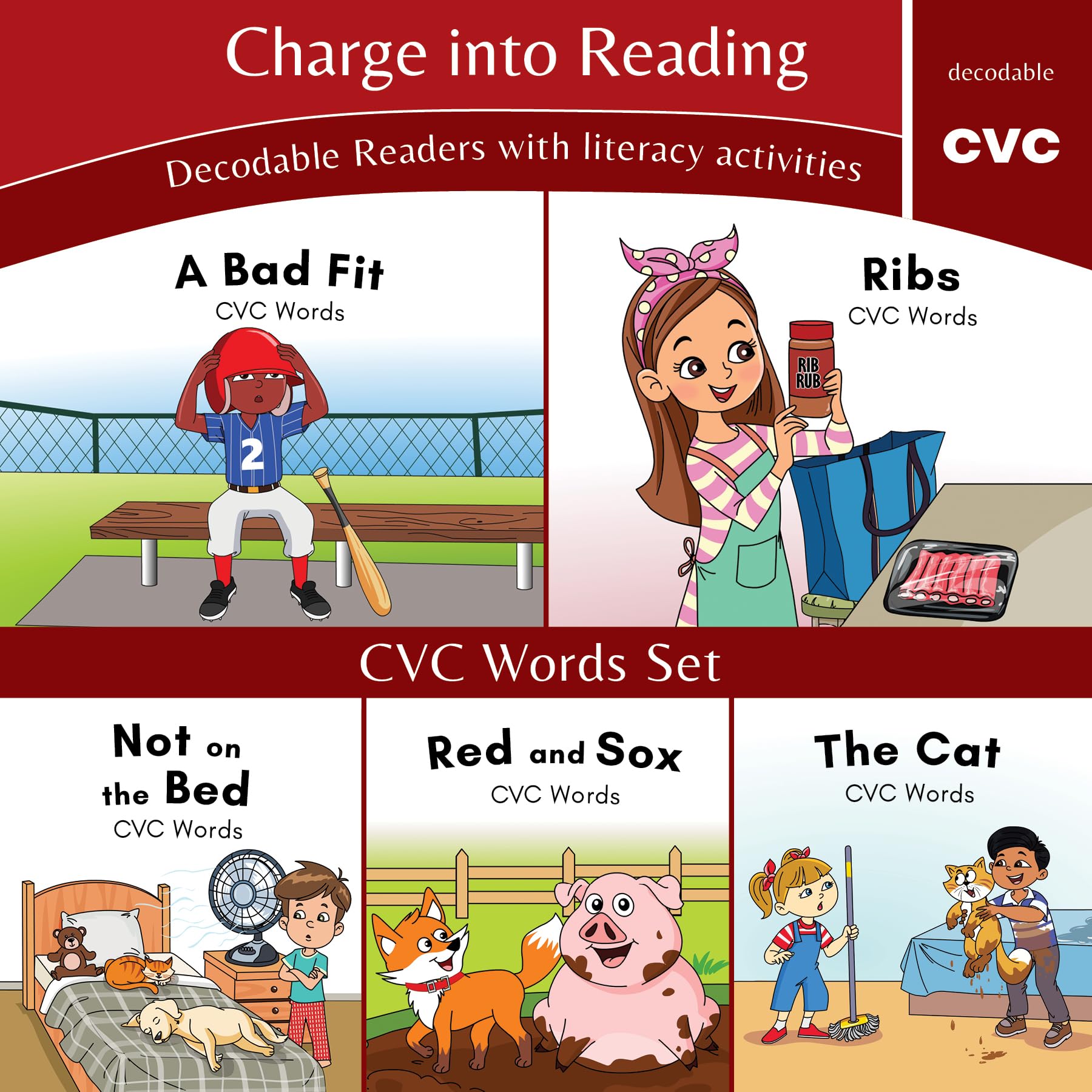 Charge Into Reading Decodable Books (Stage 1.5): 5 Cvc Decodable Readers To Help Kindergarten And First Grade Beginning Readers
