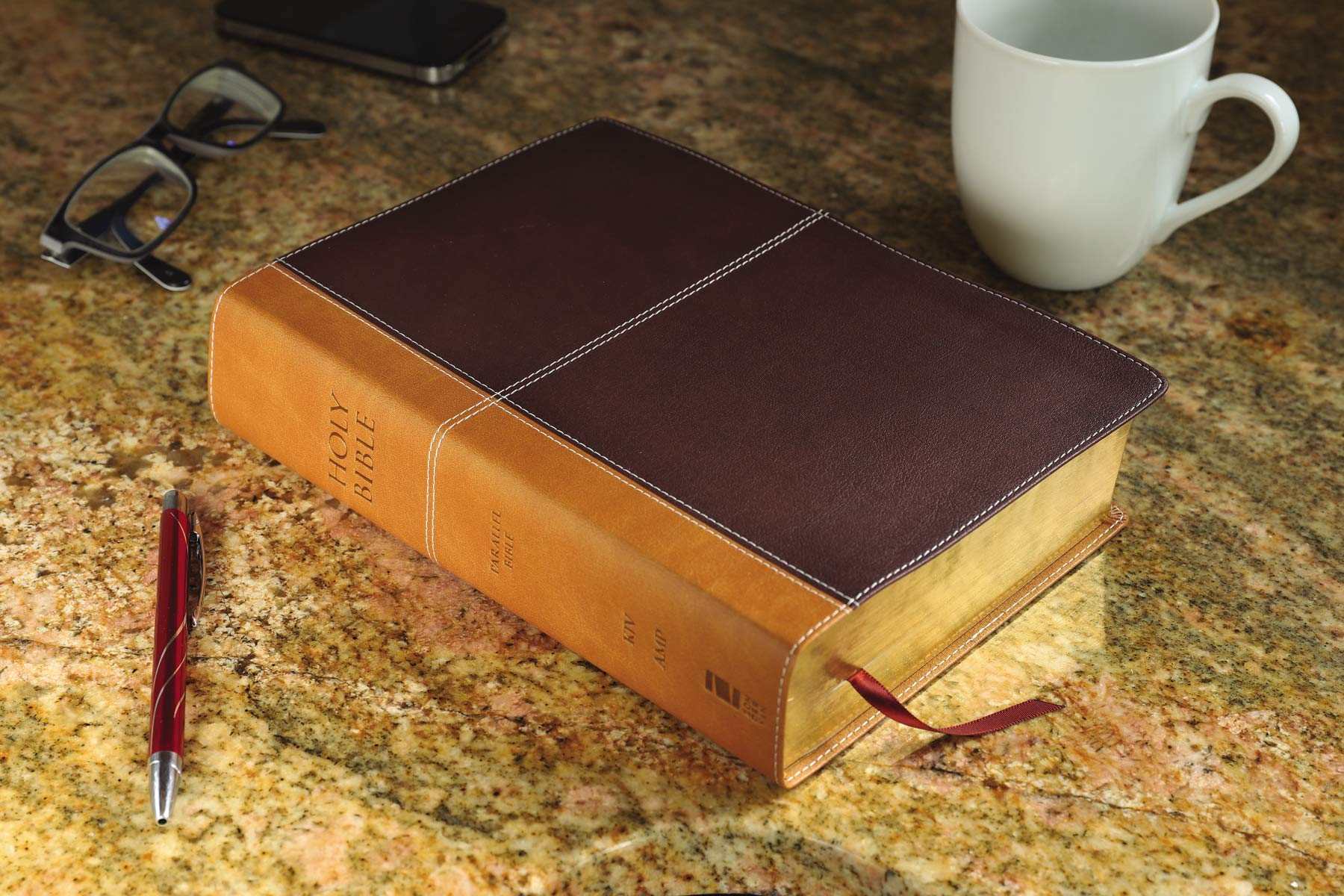 KJV, Amplified, Parallel Bible, Large Print, Leathersoft, Tan/Burgundy, Red Letter: Two Bible Versions Together for Study and Co,Used