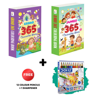 Grand & Jumbo - 365 Colouring Books And 12 Colour Pencils + 1 Sharpener :- Art Skills Booster Combo, Daily Colouring Book For Kids, Thick Colouring Pages For Toddlers | Pack Of 2 Colouring Books