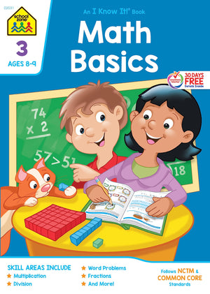 School Zone  Math Basics 3 Workbook  32 Pages, Ages 7 To 8, 3Rd Grade, Multiplication, Division, Fractions, Fact Families, Sto,New