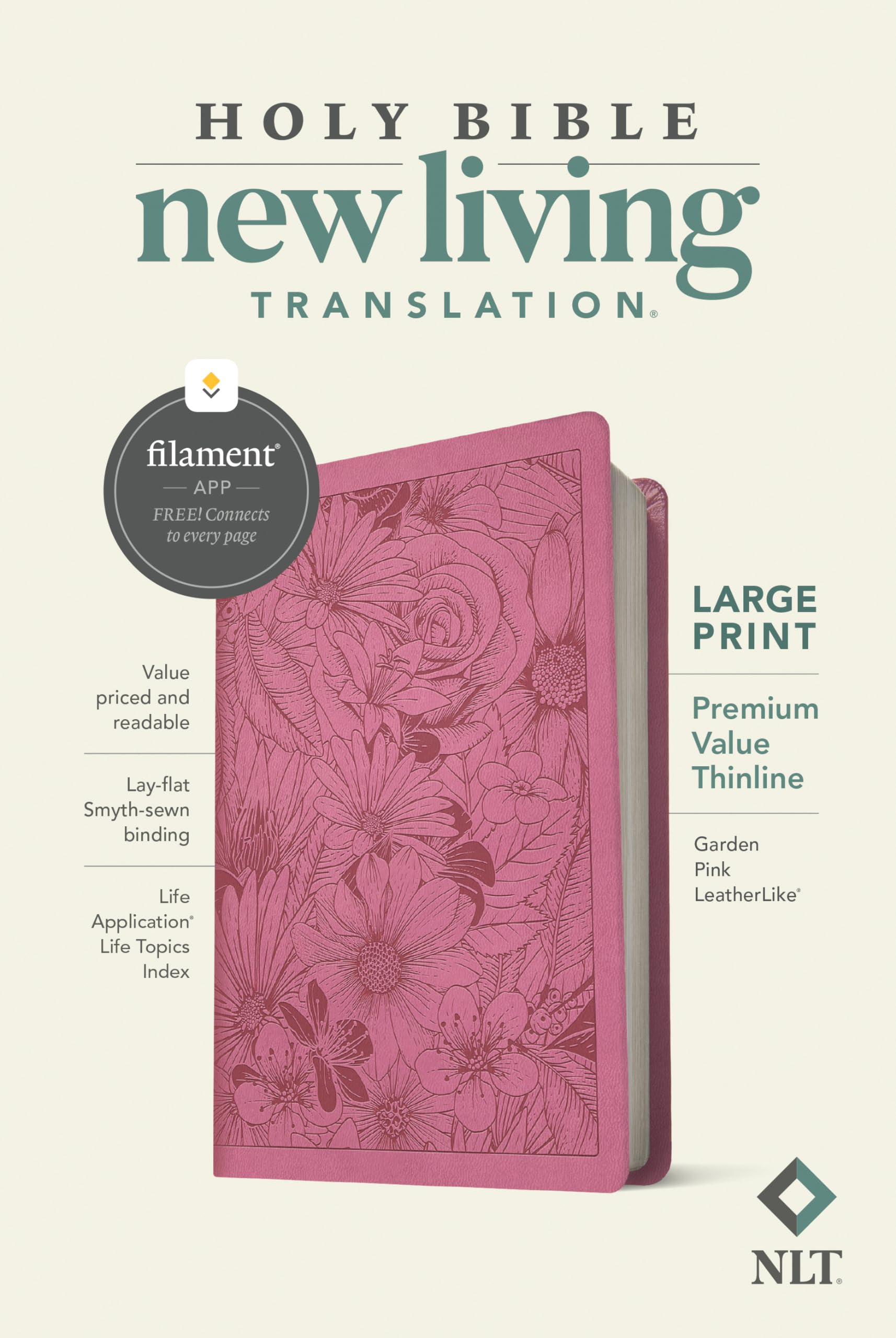 NLT Large Print Premium Value Thinline Bible, FilamentEnabled Edition (LeatherLike, Garden Pink),New