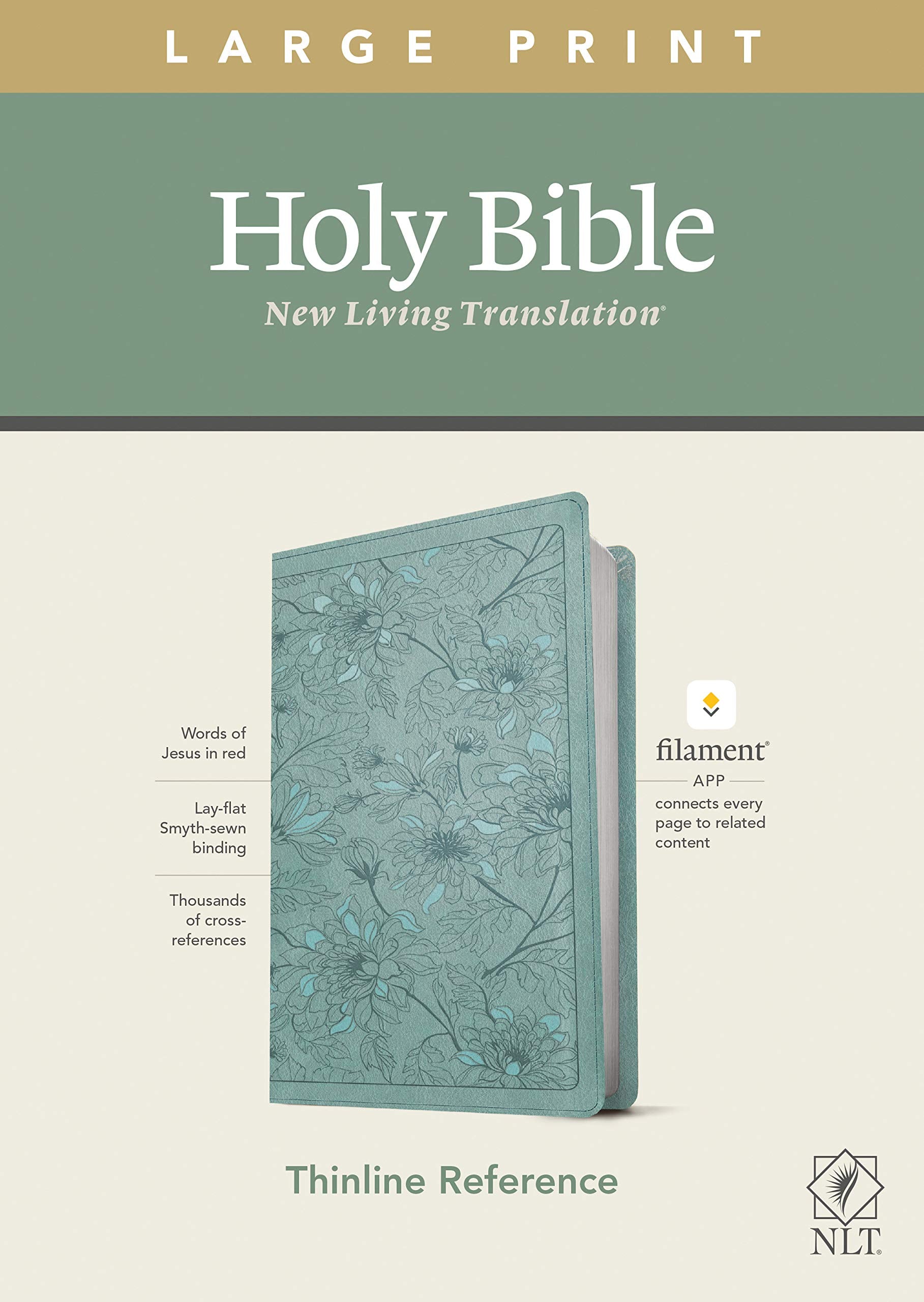 NLT Large Print Thinline Reference Bible, Filament Enabled (LeatherLike, Floral Leaf Teal, Red Letter): Includes Free Access to ,Used