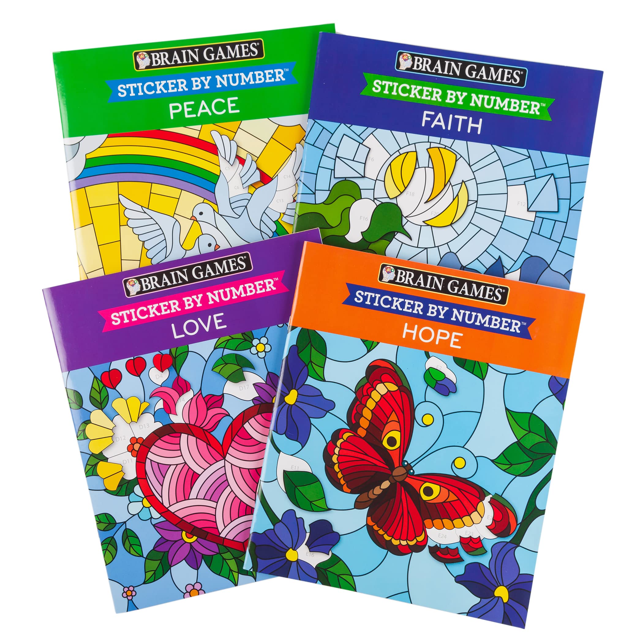 4 Booklet Set  Brain Games  Sticker by Number: Love, Peace, Hope, Faith
