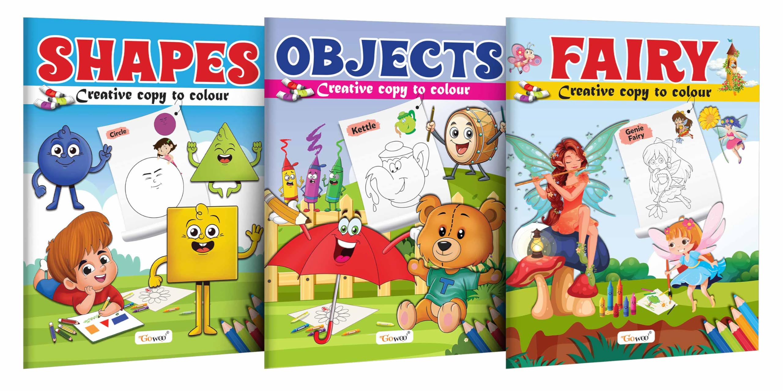 Shapes, Objects And Fairy - Creative Copy To Colour Book : Educational Colouring Book For Children, Copy To Colour Book, Toddlers Colouring Book For Ages 3-12 | Pack Of 3 Copy Colouring Books