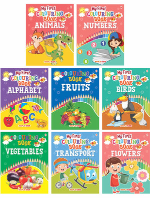 Colouring Books For Kids (Set Of 8 Books) - Gift To Children For Painting, Drawing And Colouring - Numbers, Fruits, Birds, Vegetables, Animals, Transport, Alphabet, Flowers - 3 To 6 Years Old