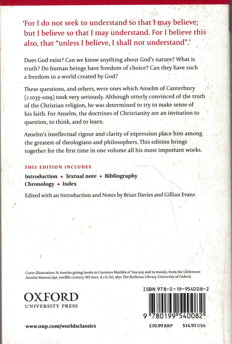Anselm Of Canterbury: The Major Works (Oxford World'S Classics),Used