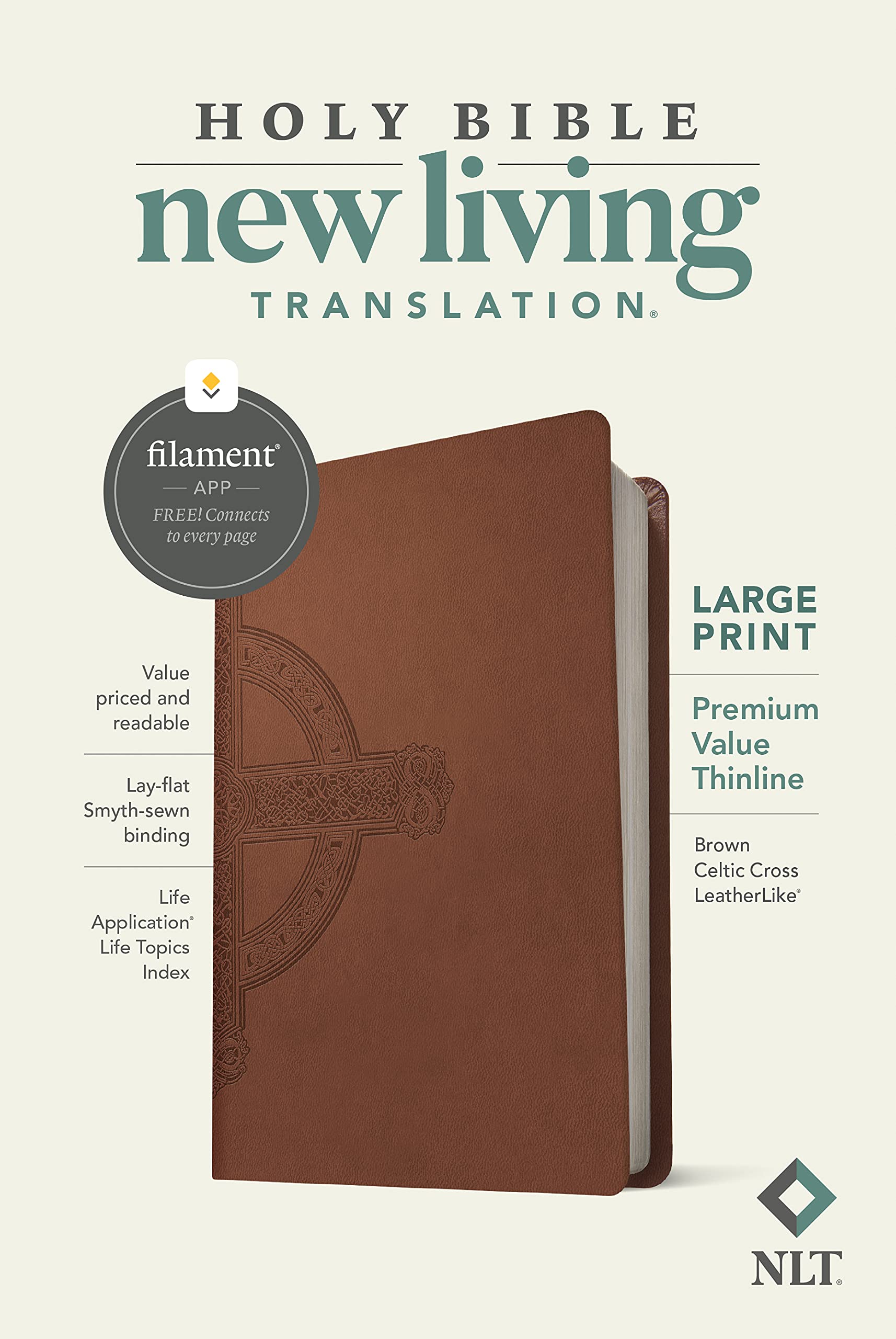NLT Large Print Premium Value Thinline Bible, Filament Enabled (LeatherLike, Brown Celtic Cross),New