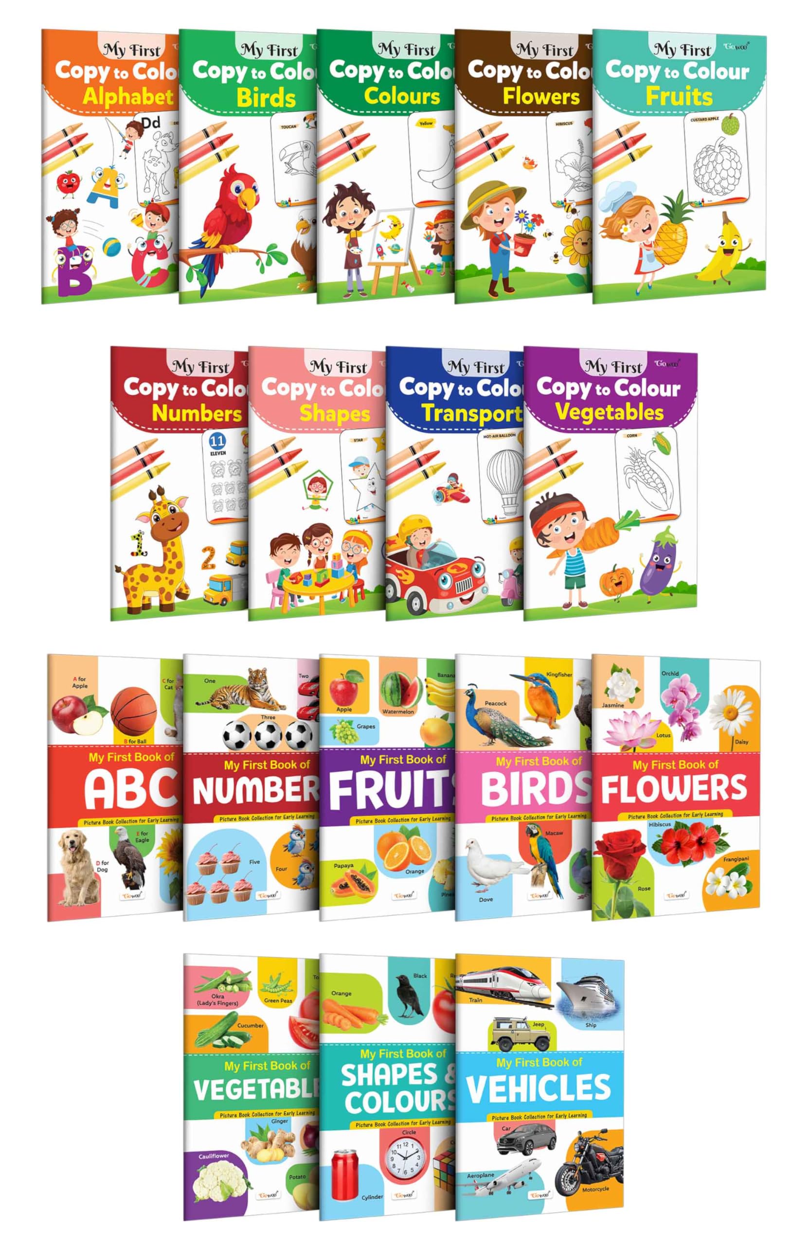 Collection Of 17 Colouring And Learning Books : My First Book Of Abc, Numbers, Fruits, Birds & More And My First Copy To Colour - Alphabet, Birds And More - Todlers Learning Book, Kids Colouring Books
