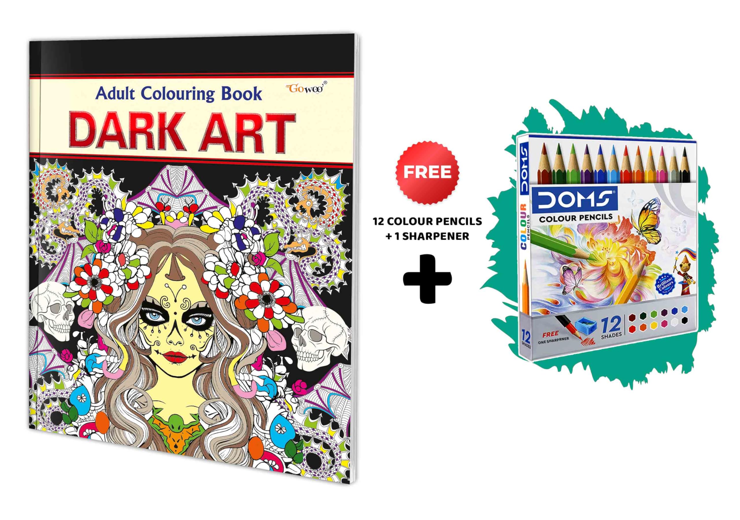 Dark Art - Adult Colouring Book With 12 Colour Pencils + 1 Sharpener : Art Coloring Kit For Adults, Art Therapy Coloring, Relaxing Art Coloring Book, Coloring Art For Peace And Relaxation