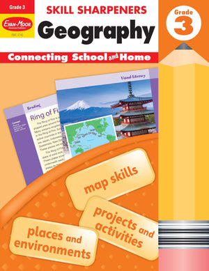 EvanMoor Skill Sharpeners: Geography, Grade 3 Activity Book  Supplemental AtHome Resource Geography Skills Workbook,Used