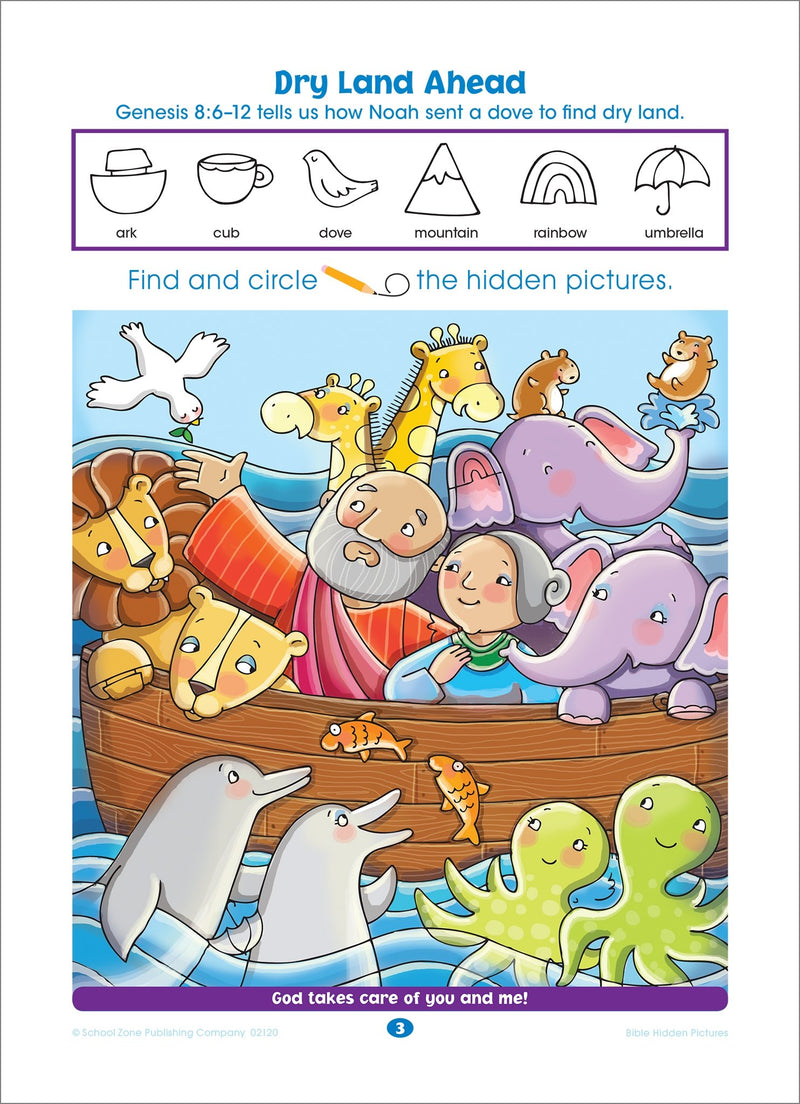 School Zone  Bible Hidden Pictures! Workbook  Ages 4 To 6, Preschool To Kindergarten, Christian Scripture, Old & New Testament,Used