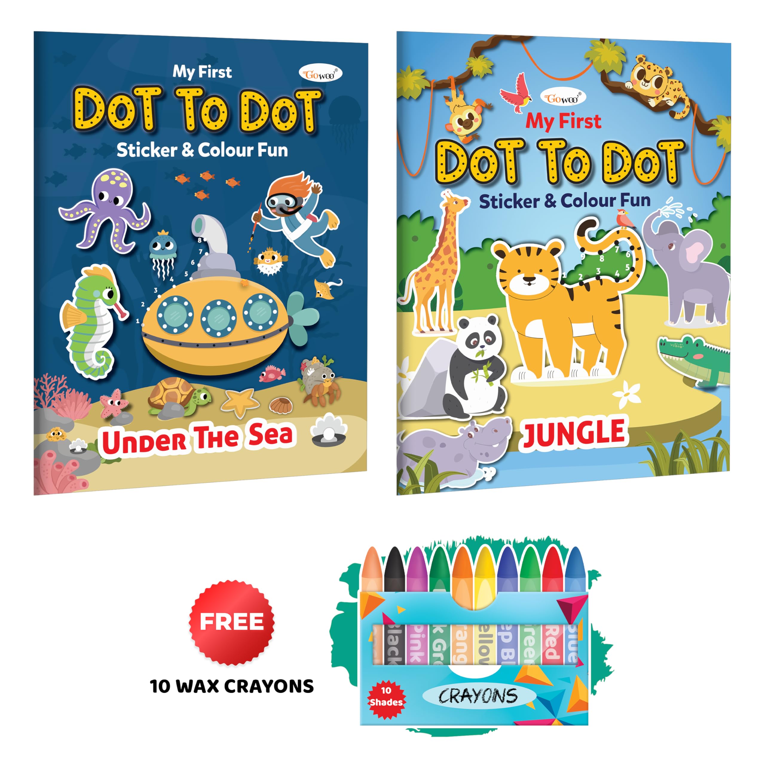 My First Dot To Dot Sticker & Colour Fun - Under The Sea And Jungle With 10 Wax Crayons : Kids Creative Coloring Book, Fun And Educational Art Book | Pack Of 2 Colouring Books