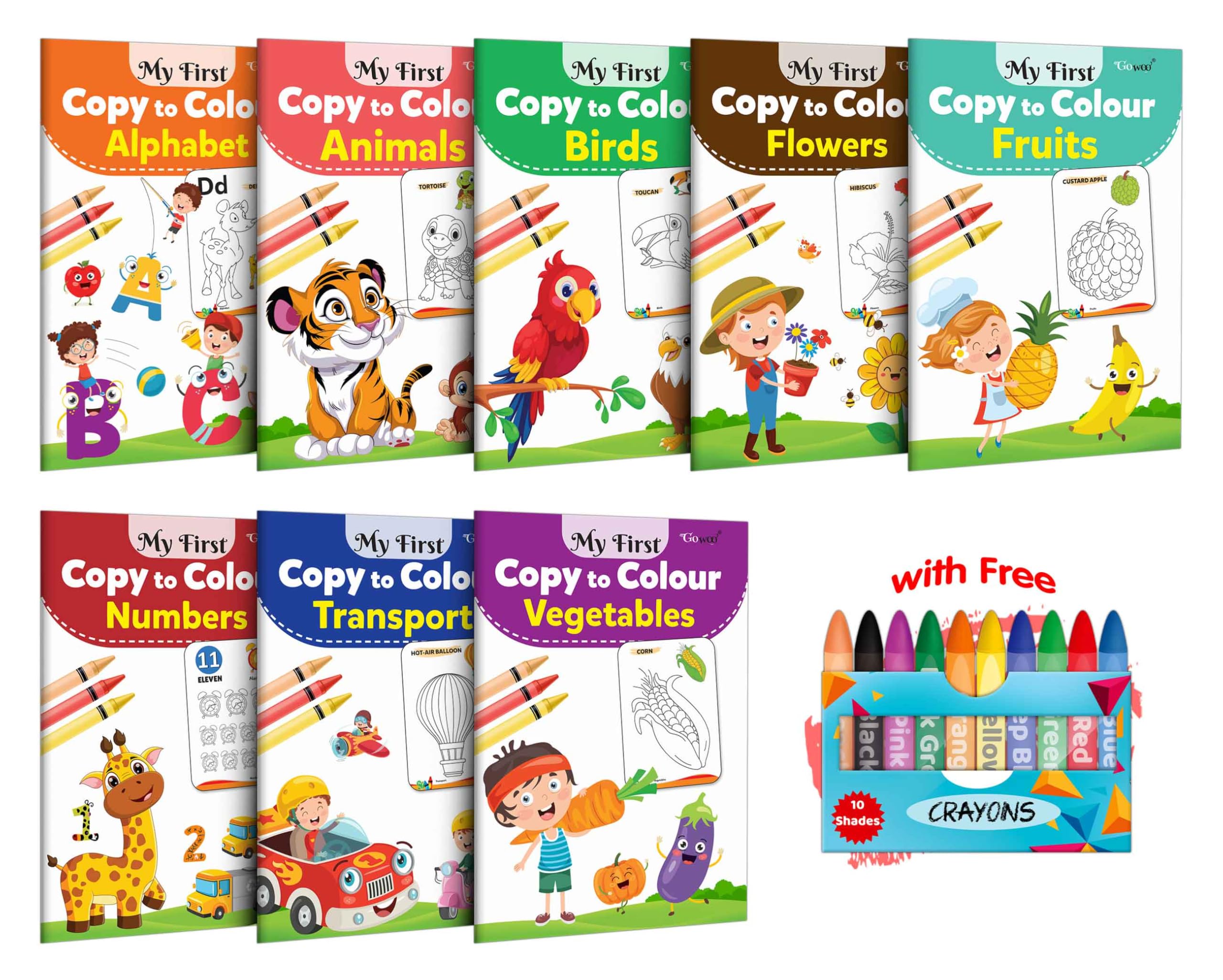 My First Copy To Colour - Alphabet, Animals, Birds, Flowers, Fruits, Numbers, Transport And Vegetables With 10 Wax Crayons : Copy And Colour Book, Toddlers Colouring Book | Pack Of 8 Colouring Books