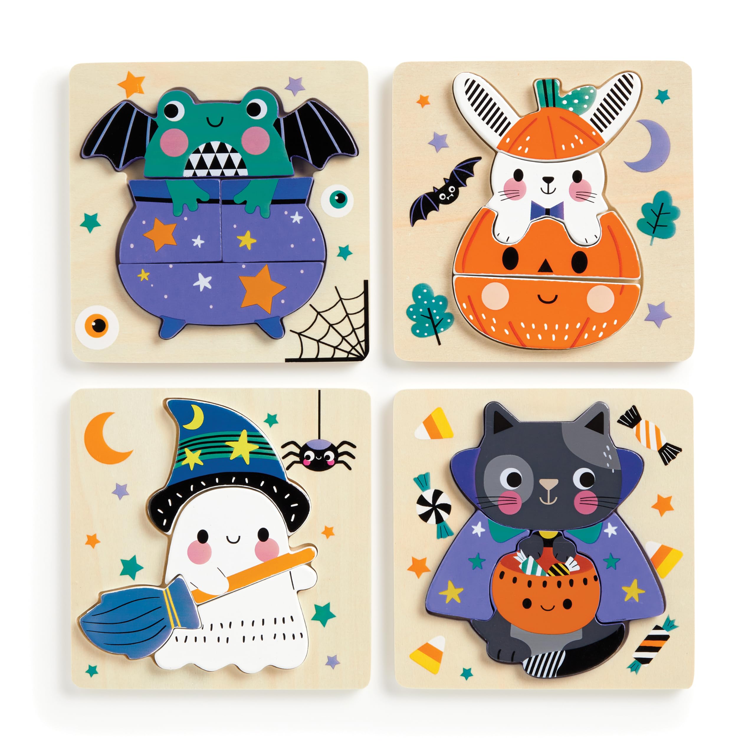Mudpuppy Spooky Friends  Set Of 4 Wooden 4 Piece Puzzles Featuring A Colorful Halloween Scene With Adorable Characters Perfect