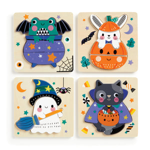 Mudpuppy Spooky Friends  Set Of 4 Wooden 4 Piece Puzzles Featuring A Colorful Halloween Scene With Adorable Characters Perfect