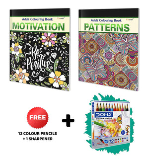 Motivation And Patterns - Adult Colouring Book With 12 Colour Pencils + 1 Sharpener : Colouring Kit For Adults, Adult And Child Coloring Book | Pack Of 2 Adult Colouring Books