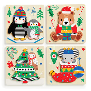 Mudpuppy Festive Friends  Set Of 4 Wooden 4 Piece Puzzles Featuring A Colorful Christmas Scene With Adorable Characters Perfect