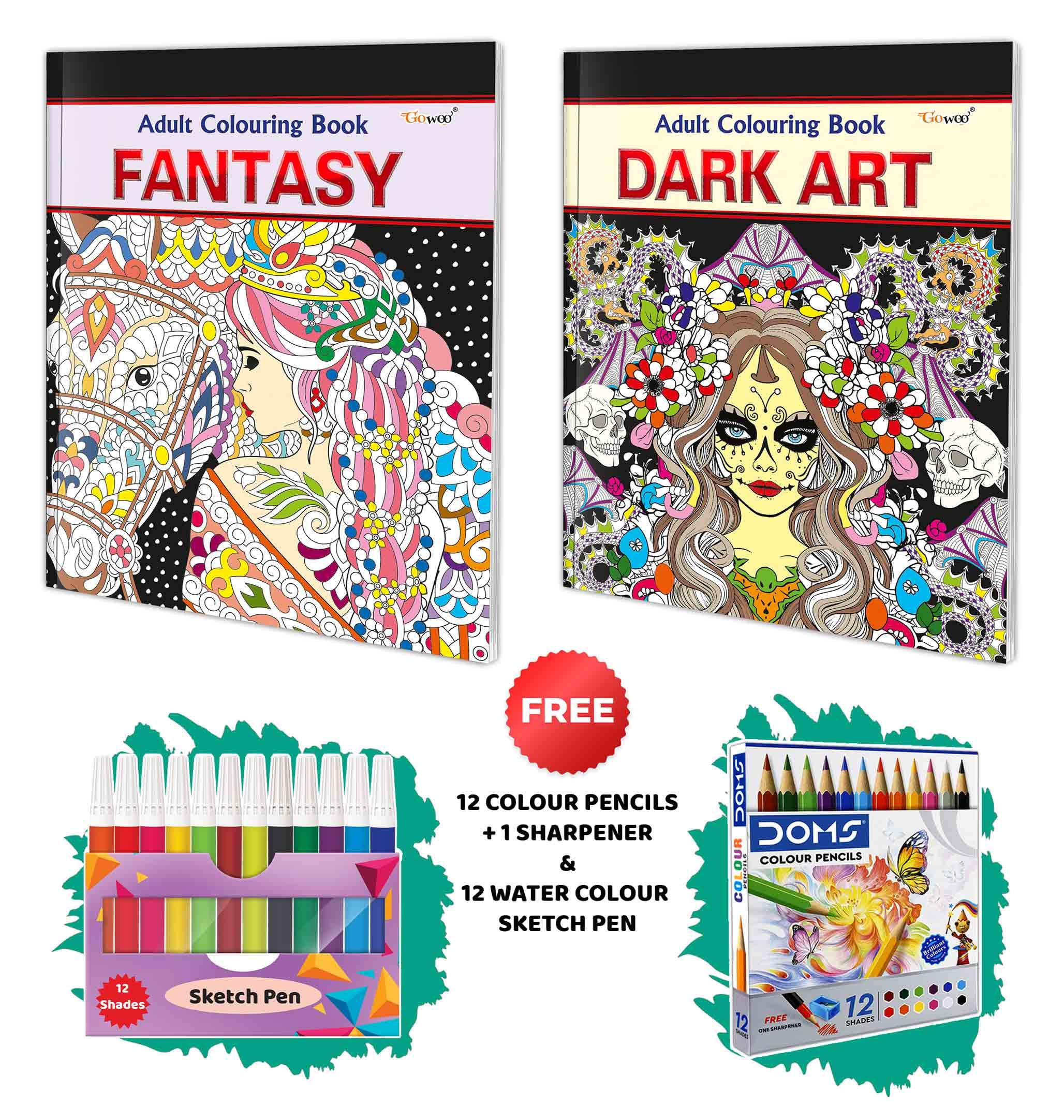 Fantasy And Dark Art - Adult Colouring Book With 12 Water Colour Sketch Pens And 12 Colour Pencils + 1 Sharpener : Mindful Coloring Art, Art Therapy Coloring Book | Combo Of 2 Adult Colouring Books