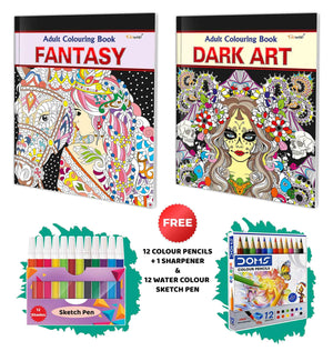 Fantasy And Dark Art - Adult Colouring Book With 12 Water Colour Sketch Pens And 12 Colour Pencils + 1 Sharpener : Mindful Coloring Art, Art Therapy Coloring Book | Combo Of 2 Adult Colouring Books