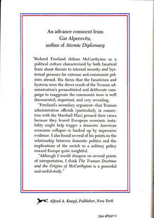 The Truman Doctrine and the origins of McCarthyism;: Foreign policy, domestic politics, and internal security, 19461948,Used