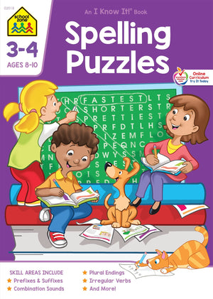 School Zone  Spelling Puzzles Workbook  32 Pages, Ages 8 To 10, 3Rd Grade, 4Th Grade, Prefixes, Suffixes, Idioms, Antonyms, Ir-used