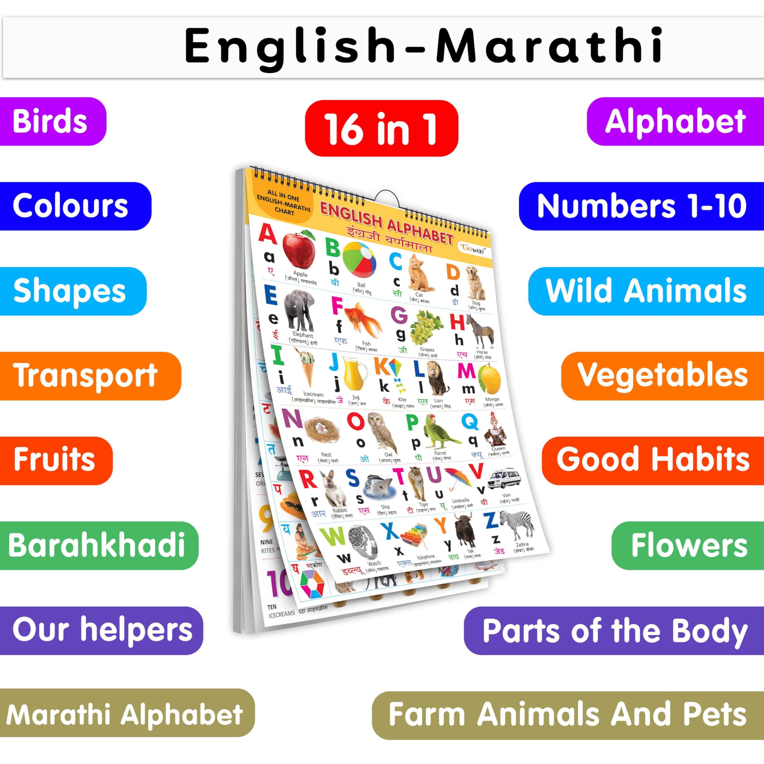 My First All In One Spiral Chart English-Marathi : With 16 Topics ( Big Fonts And Realistic Pictures) | Gift Set For Kids