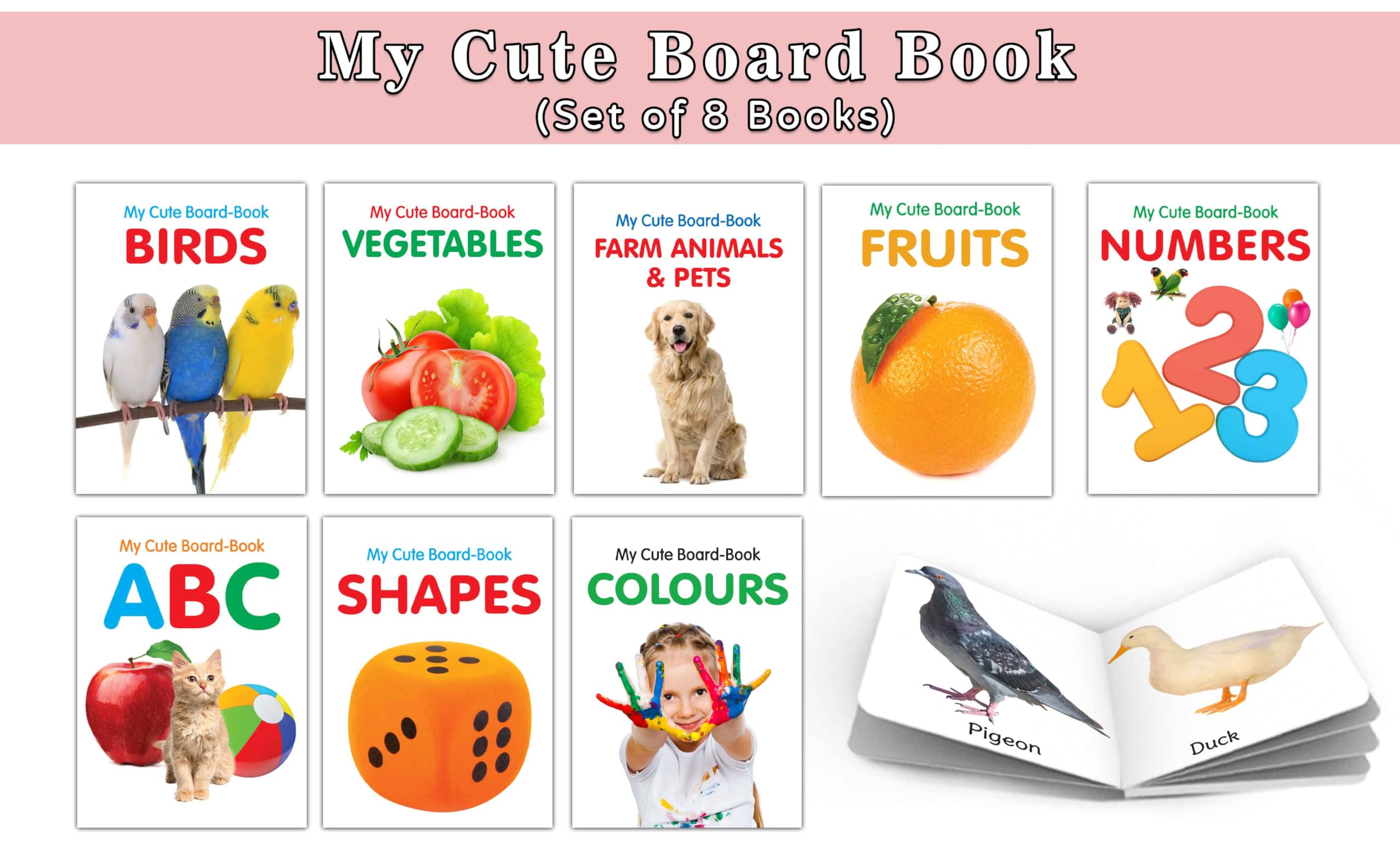 My Cute Board Book Abc, Colours, Birds, Fruits, Farm Animals & Pets, Vegetables, Shapes And Numbers : Baby Board Books, Educational Picture Books For Toddlers | Set Of 8 Books