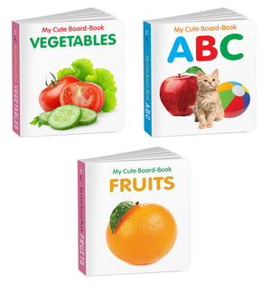 First Library Books For Babies : Abc, Fruits And Vegetables - All-In-One Learning Board Books, Preschool Educational Board Books, Toddler Learning Books Set | Pack Of 3 Books For Kids