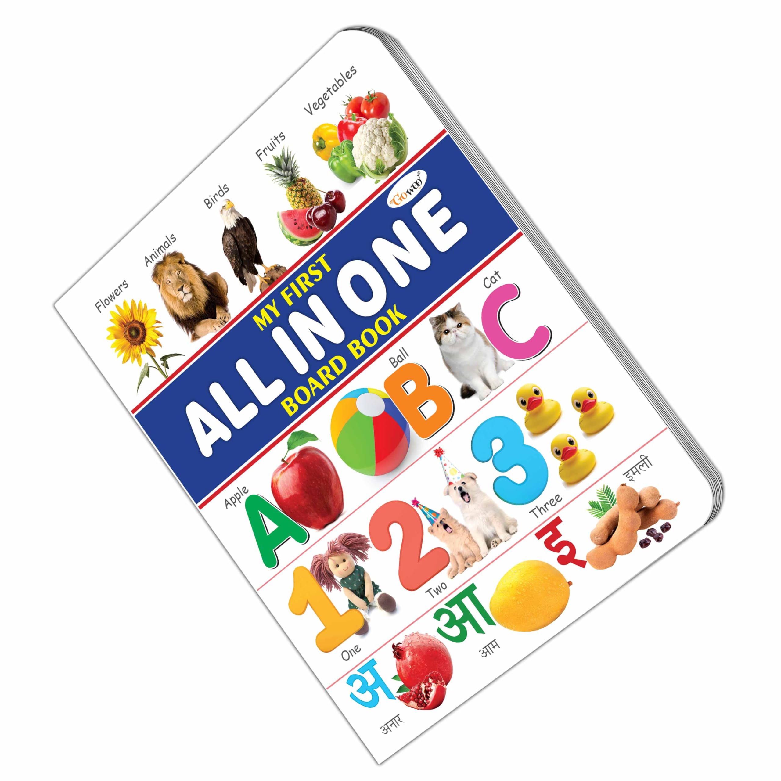 My First All In One Board Book : With 13 Topics : English Alphabet, Hindi Varnamala (Swar), Hindi Varnamala (Vyanjan), Numbers, Fruits, Vegetables, Flowers, Birds, Domestic Animals And Many More