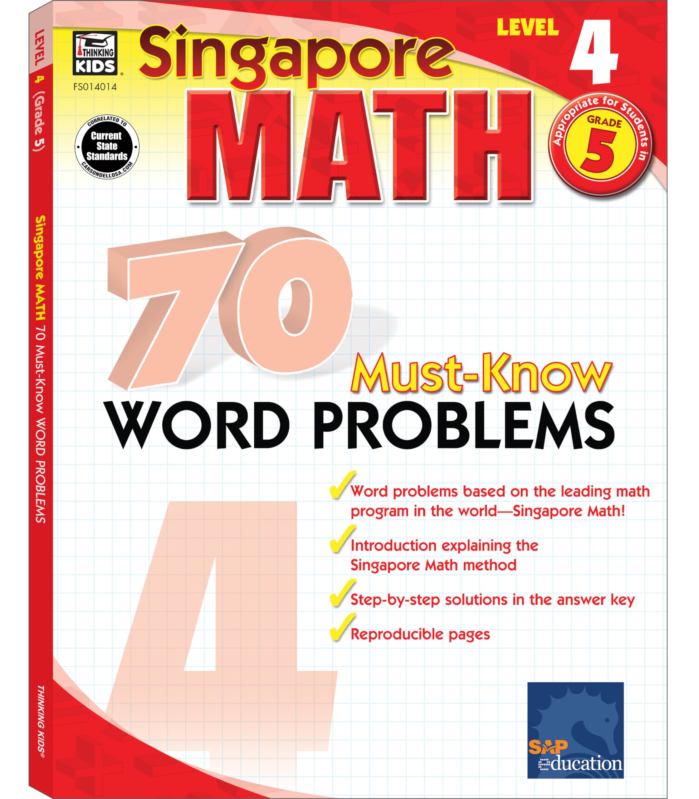 Singapore Math  70 MustKnow Word Problems Workbook for 5th Grade Math, Paperback, Ages 1011 with Answer Key,Used
