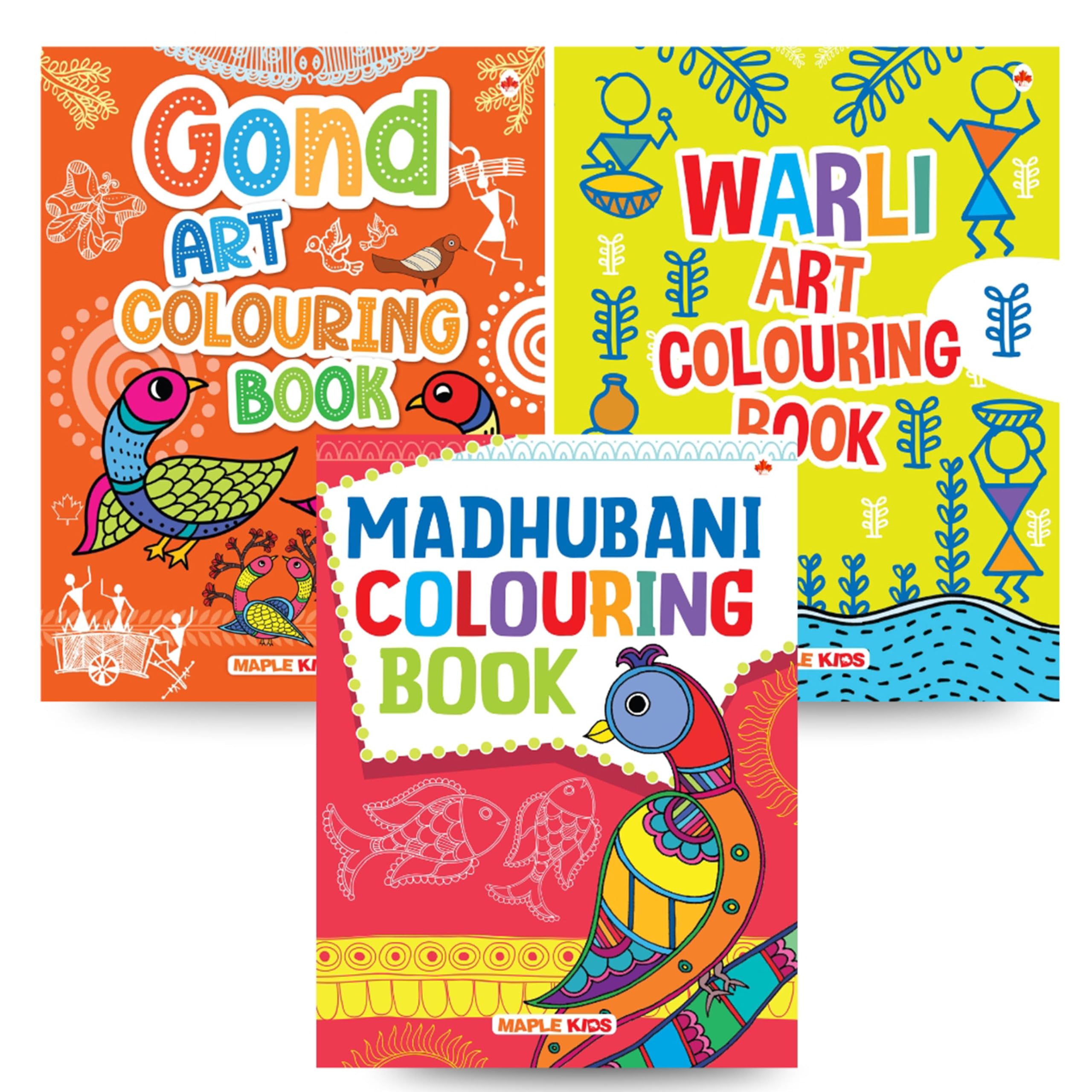 Colouring Books For Kids (Set Of 3 Books) - Warli, Gond, Madhubani - Gift To Children For Painting, Drawing And Colouring With Reference Guide - Colouring Activities -Indian Art Forms - Age 3+
