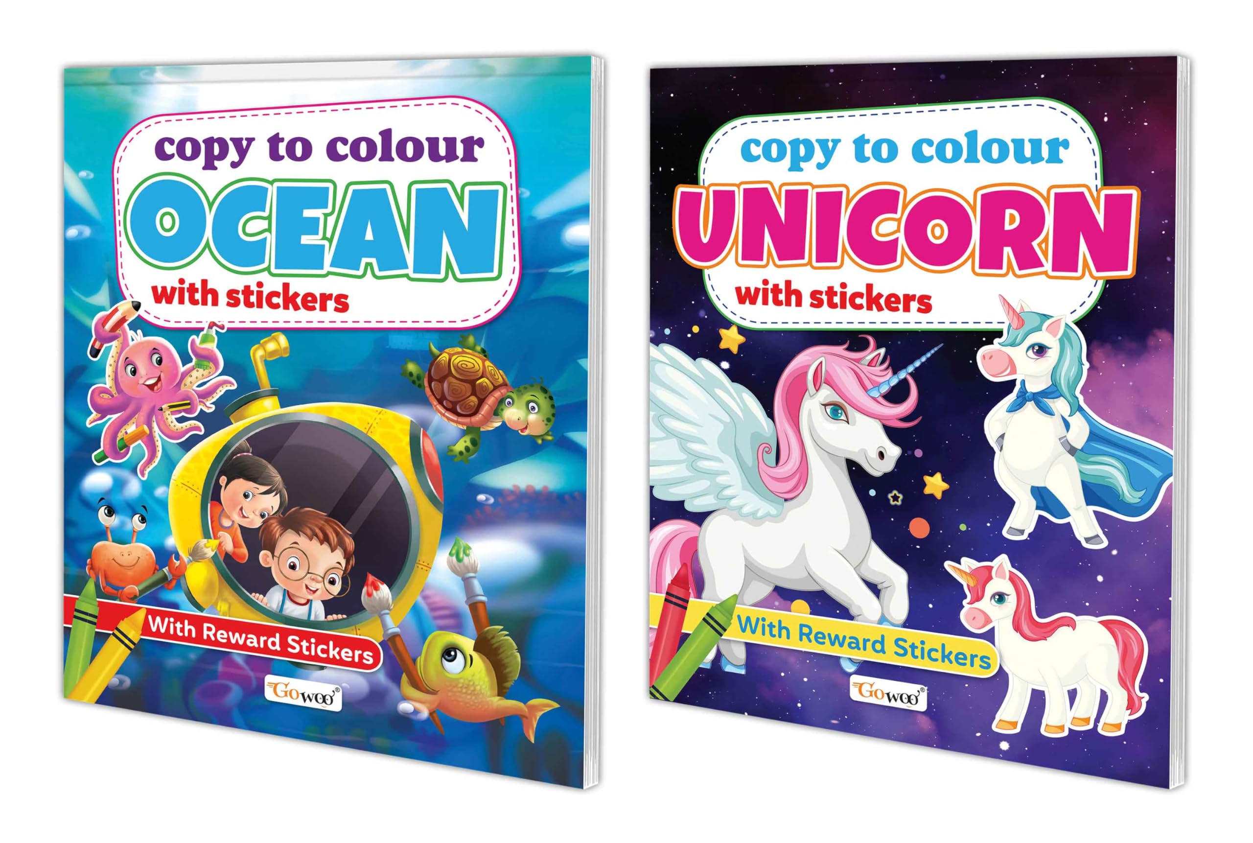 Copy To Colour Ocean And Unicorn With Stickers Book For Kids (Ages 3-12) : Coloring Fun For Kids, Copy Colouring Book | Pack Of 2 Copy To Colour Book For Kids With Stickers.