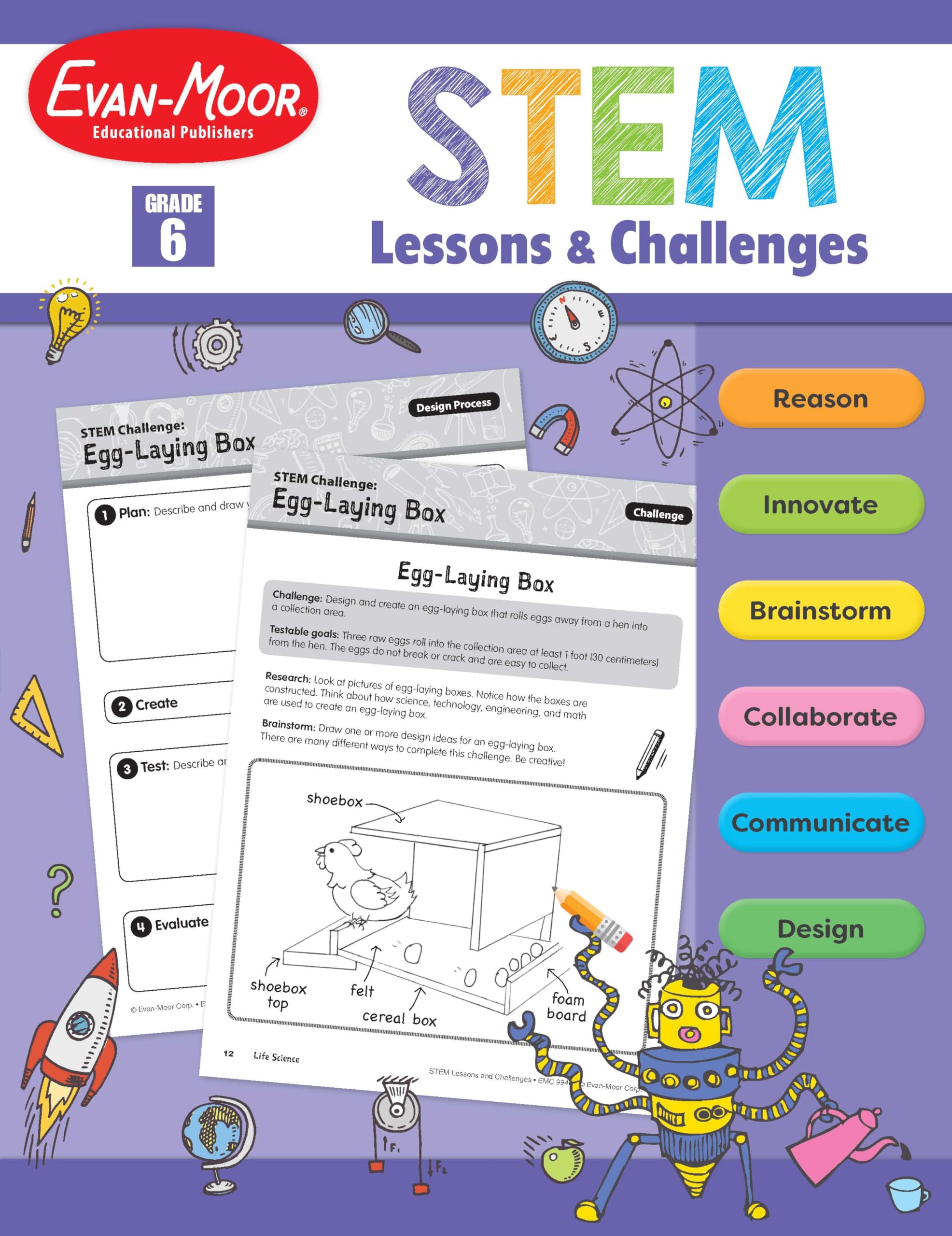 EvanMoor Stem Lessons and Challenges, Grade 6 Homeschooling & Classroom Resource Workbook, Life, Earth and Physical Science Pro,Used