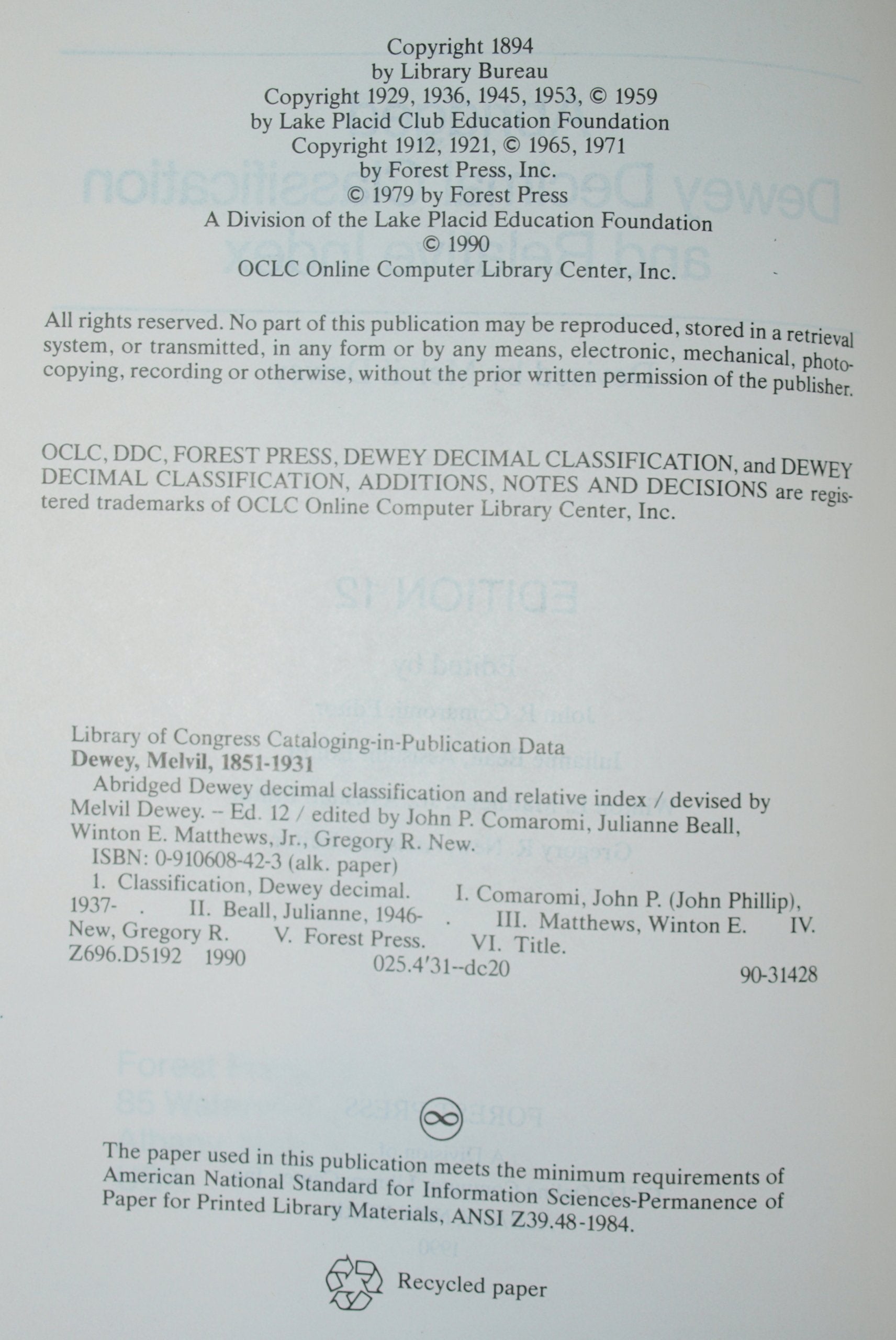 Abridged Dewey Decimal Classification and Relative Index, 12th Edition,Used