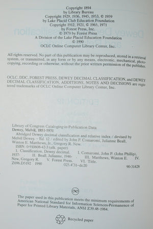 Abridged Dewey Decimal Classification and Relative Index, 12th Edition,Used