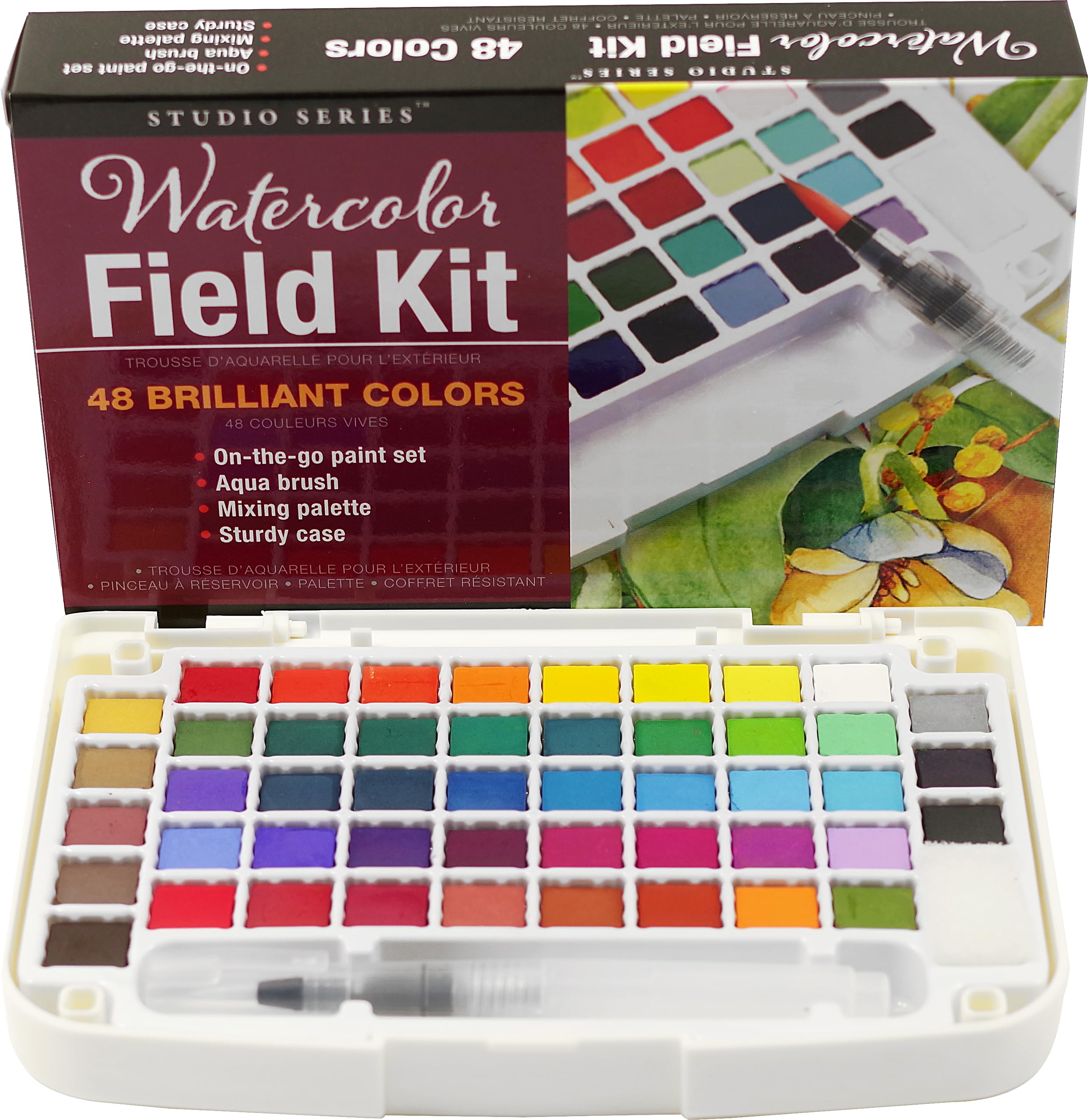Artists Watercolor Field Kit (48 high pigment colors, water brush, sponge, and palette)