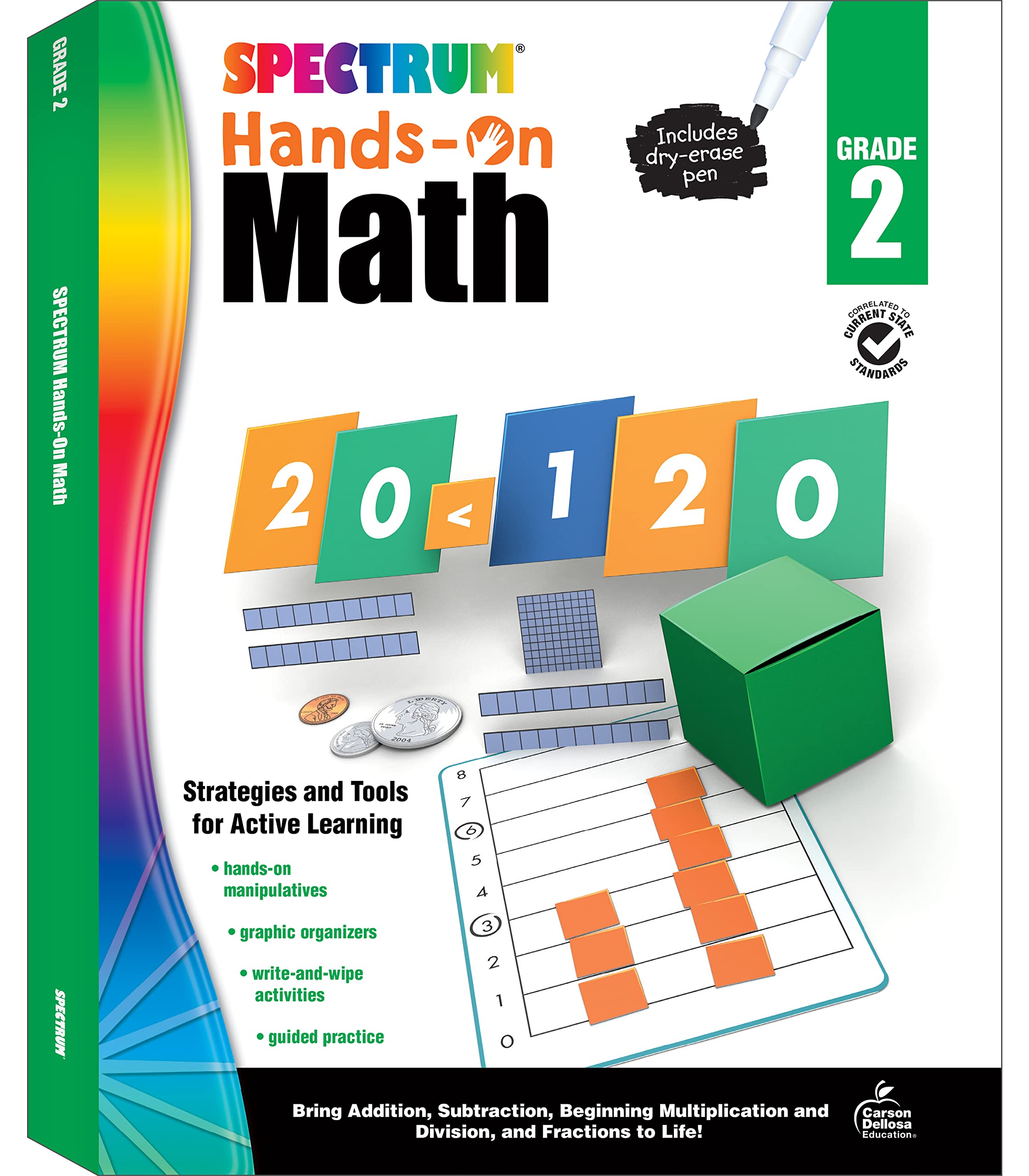 Spectrum Handson 2nd Grade Math Workbook, Activity Book for Kids Ages 7 to 8 With Manipulatives and Dry Erase Activities Coveri,Used