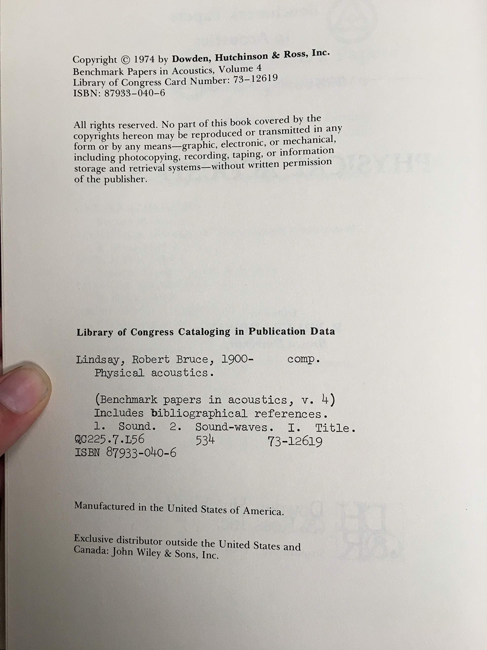 Physical acoustics (Benchmark papers in acoustics, v. 4),Used