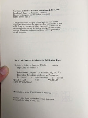 Physical acoustics (Benchmark papers in acoustics, v. 4),Used
