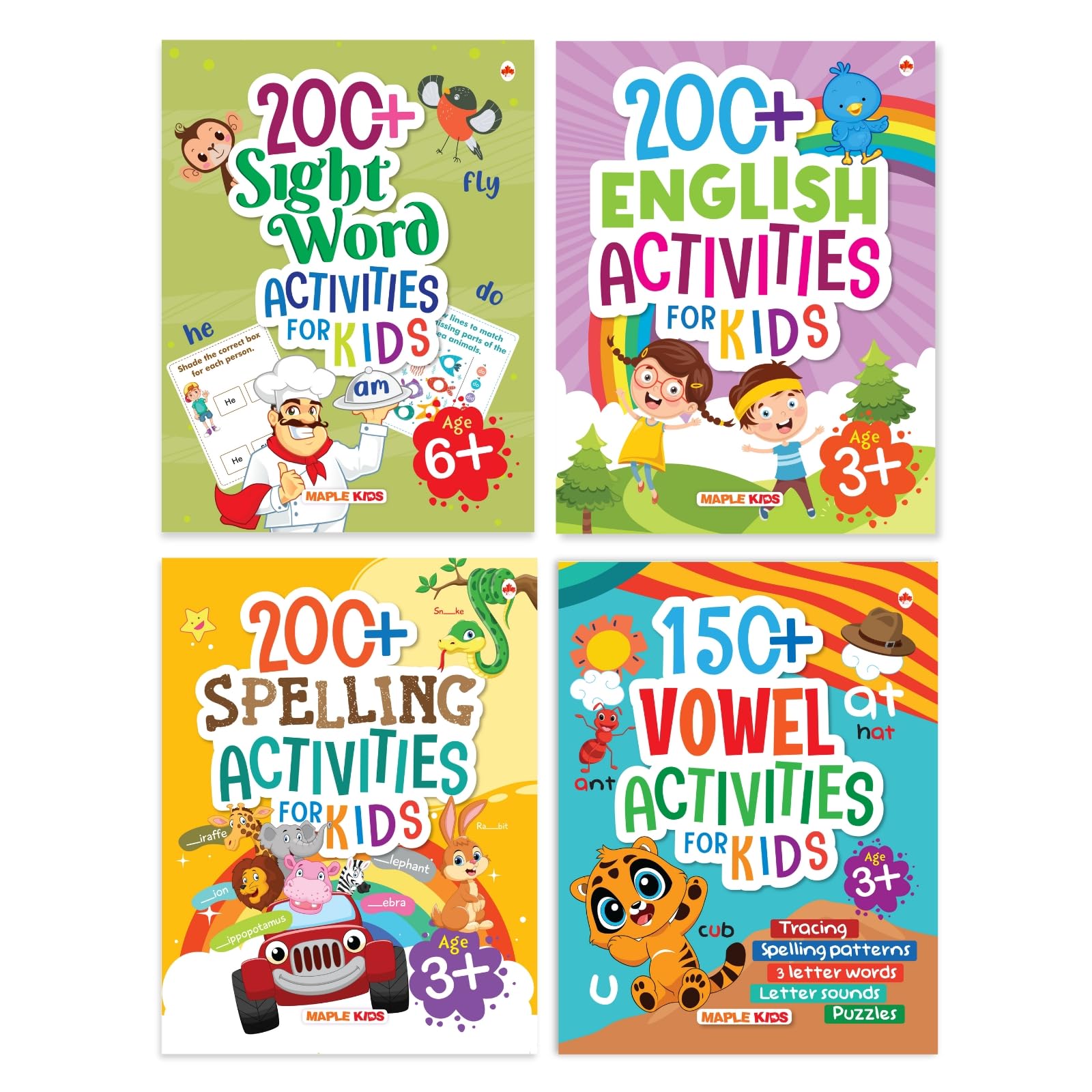 Activity Books For Kids (Set Of 4 Books) - 200+ English Activities, 200+ Sight Word Activities, 200+ Spelling Activities, 150+ Vowel Activities - ... For Kids - Improve English Skills - Age 3+