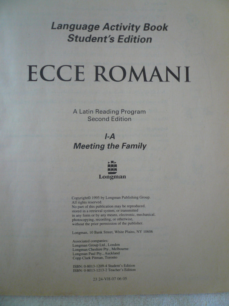Ecce Romani: Language Activity Book Student'S Edition : A Latin Reading Program : Ia Meeting The Family,Used