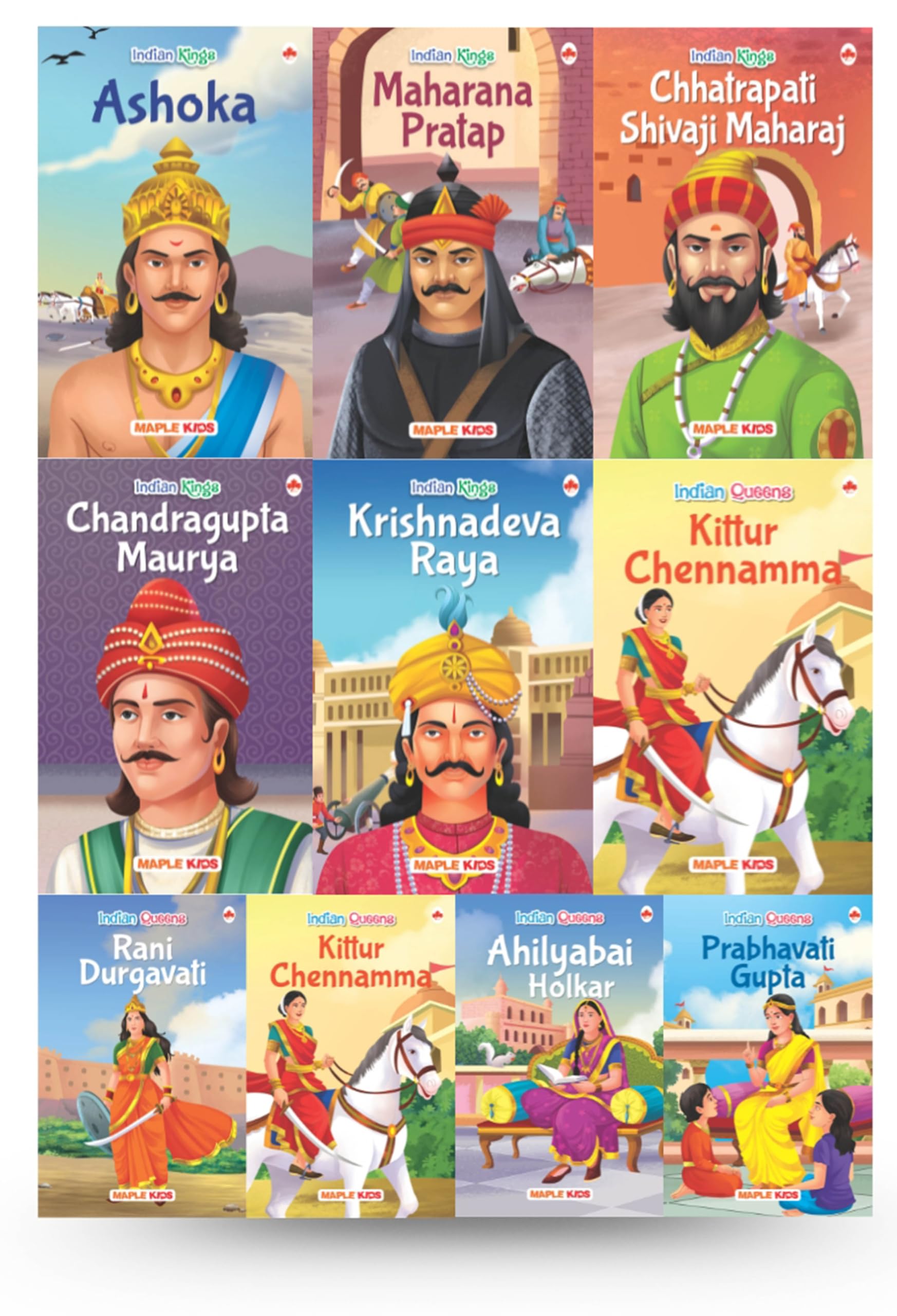 Story Books For Kids - Indian Kings And Queens (Set Of 10 Books) (Illustrated) - Chandragupta Maurya, Krishnadeva Raya, Ashoka, Rana Pratap, Shivaji, ... Bai- Biographies For Children - Age 6+