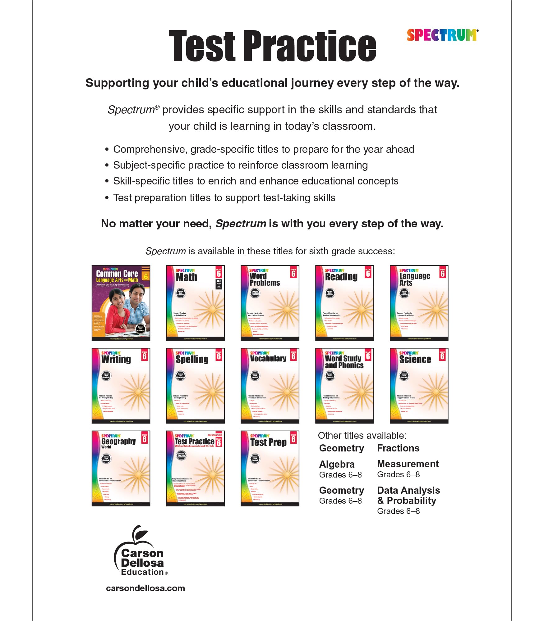 Spectrum Test Practice 6th Grade Workbooks All Subjects, Math, Language Arts, Reading Comprehension, Grammar, Spelling, Vocabula,New