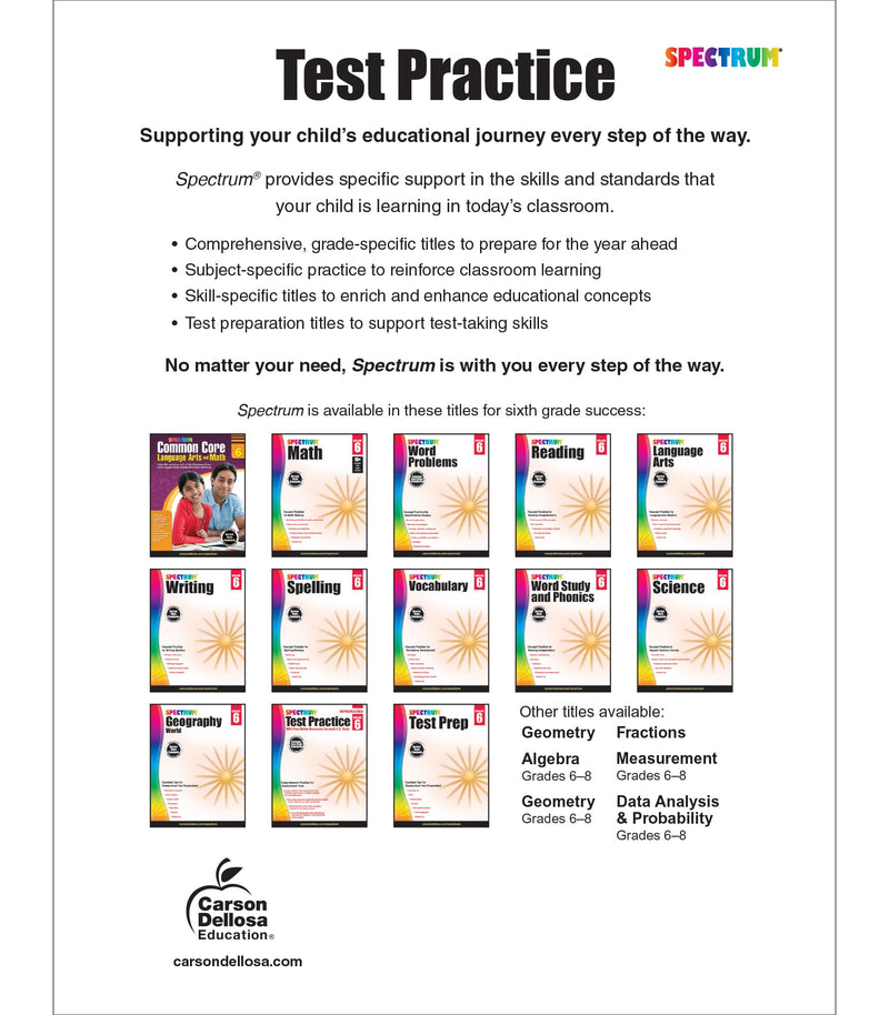 Spectrum Test Practice 6th Grade Workbooks All Subjects, Math, Language Arts, Reading Comprehension, Grammar, Spelling, Vocabula,New