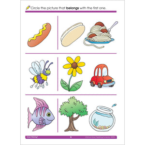 School Zone  Does It Belong? Workbook  32 Pages, Ages 3 To 5, Preschool To Kindergarten, Picture Puzzles, Grouping, Comparing ,Used